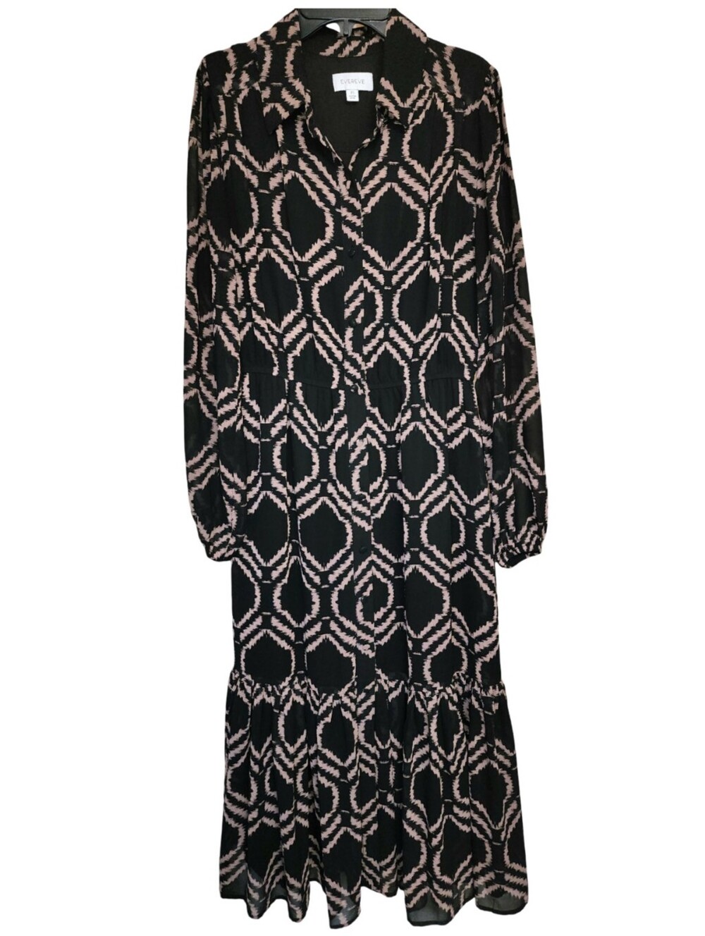 EVEREVE Geometric Link Button Front Bishop Sleeve Midi Dress Black Taupe XS